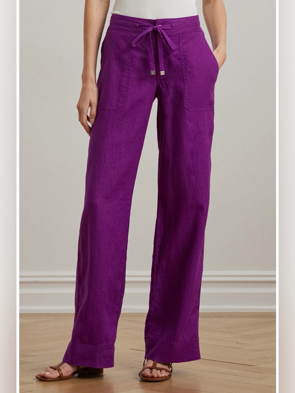 Ralph Lauren Purple Wide-Leg Linen Drawstring Pants